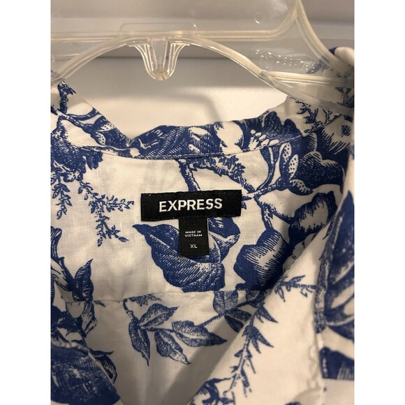 Express Men's Hawaiian Floral Button Short Sleeve Shirt Size XL Linen Blend Blue - Picture 2 of 4